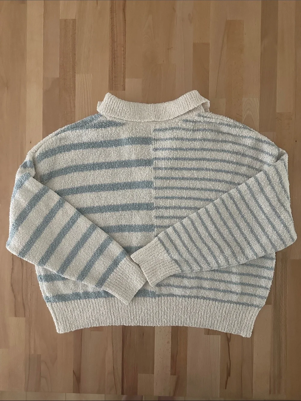 Altar'd State Cream & Light Blue Striped V-Notch Polo Sweater